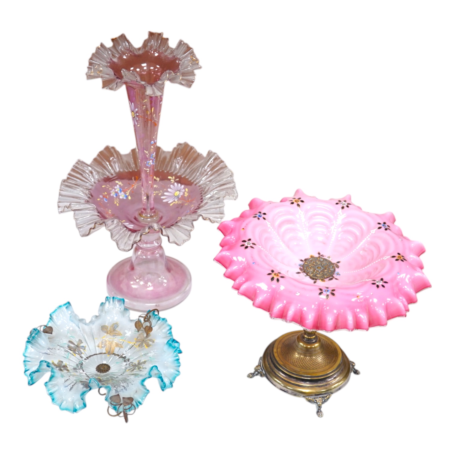 A late 19th century Bohemian glass centrepiece and two similar pedestal dishes, tallest 37cm. Condition - good